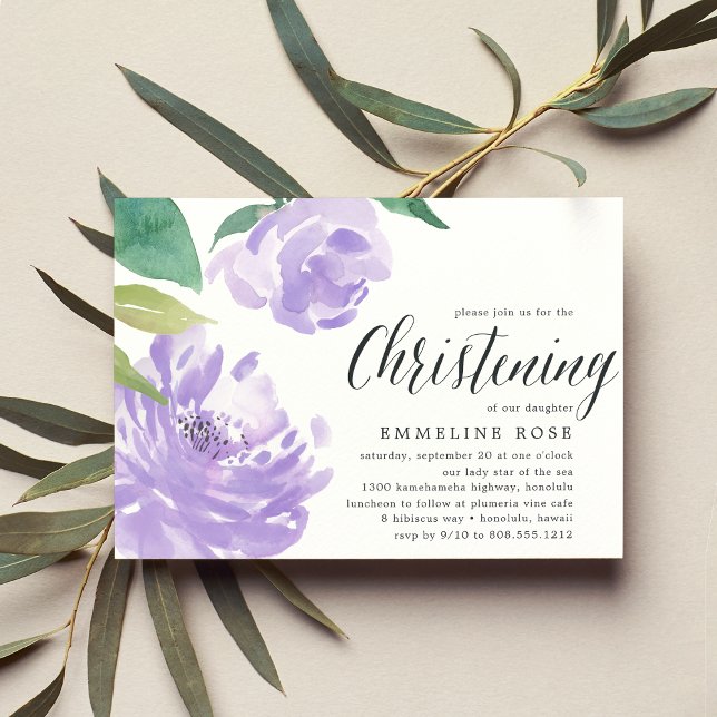 Amethyst Peony | Watercolor Floral Christening Invitation (Creator Uploaded)