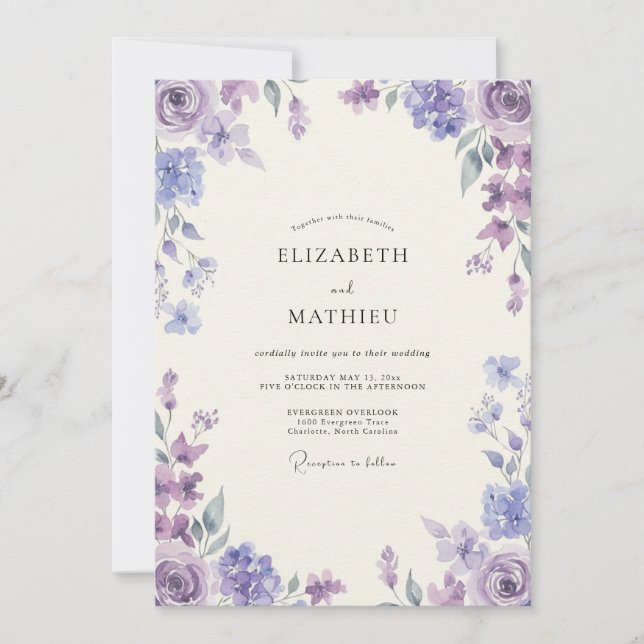 Amethyst Periwinkle Ranunculus Eucalyptus Wedding Invitation (Front)