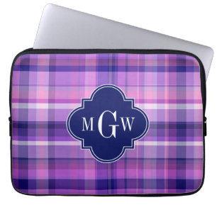 Amethyst Pink Navy Wht Preppy Madras Monogram Laptop Sleeve