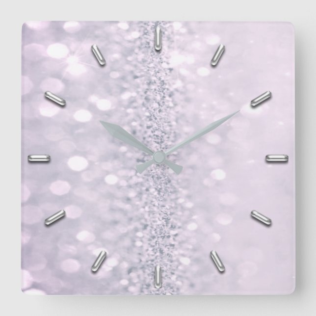 Amethyst Plum Glitter Gray Metal Abstract Lavender Square Wall Clock (Front)