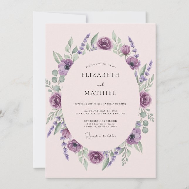 Amethyst Plum Ranunculus Eucalyptus Wedding Invitation (Front)
