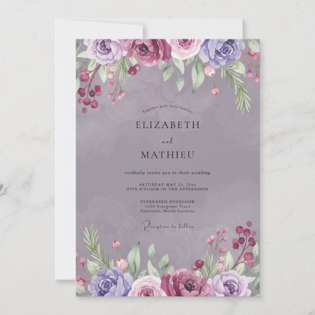 Amethyst Plum Ranunculus Sage Wedding Invitation (Front)
