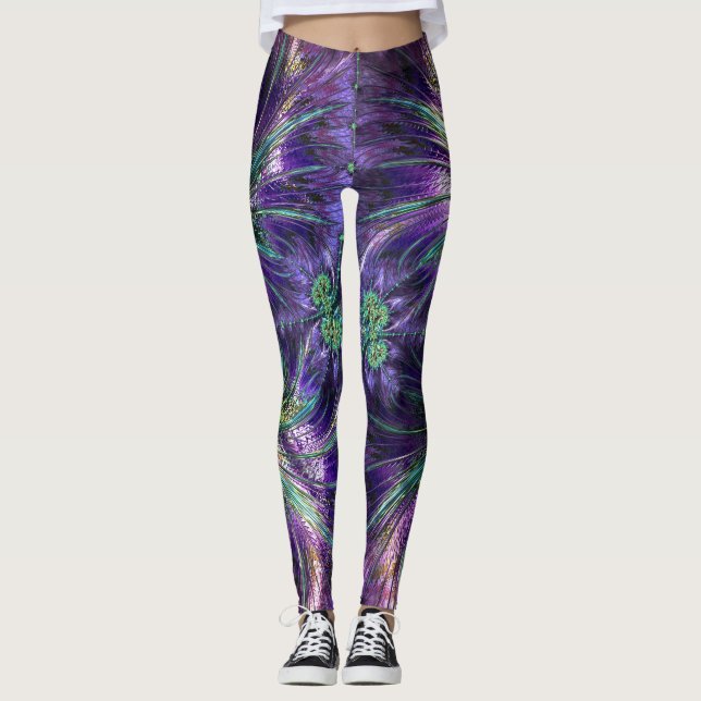 Amethyst Purple and Aqua Feathers Abstract Leggings (Front)
