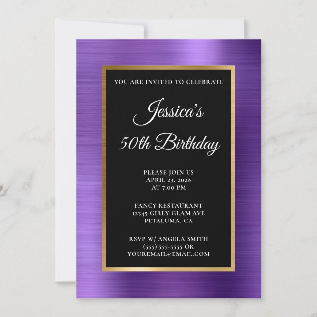 Amethyst Purple Gold Foil Black 50th Birthday Invitation (Front)