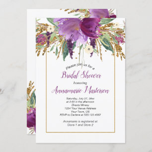 Amethyst Purple Gold Glitter Floral Bridal Shower Invitation