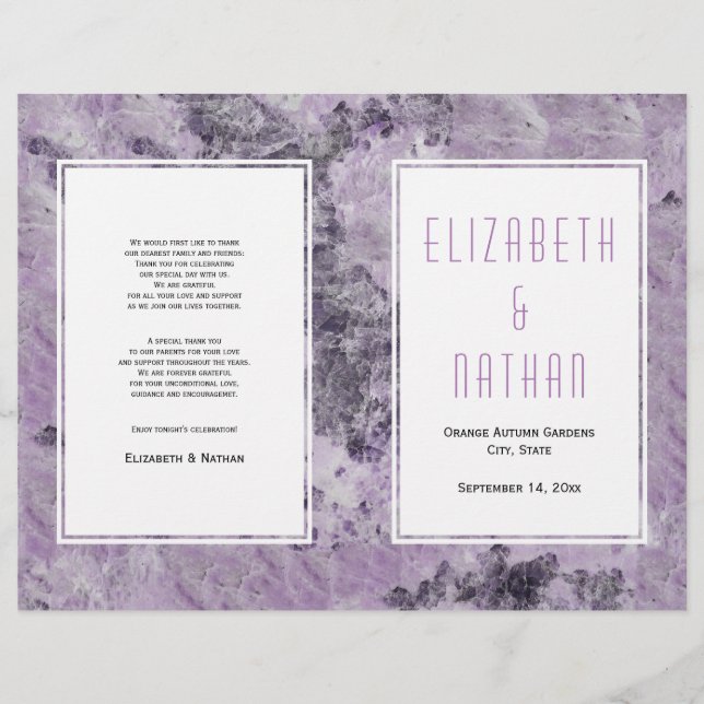 Amethyst purple marble modern wedding program (Front)