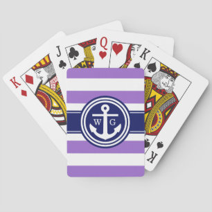 Amethyst Purple Navy Preppy Stripe Anchor Monogram Playing Cards