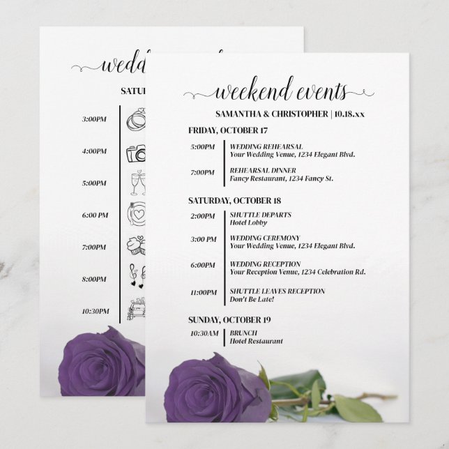 Amethyst Purple Rose Wedding Events & Timeline Program (Front/Back)