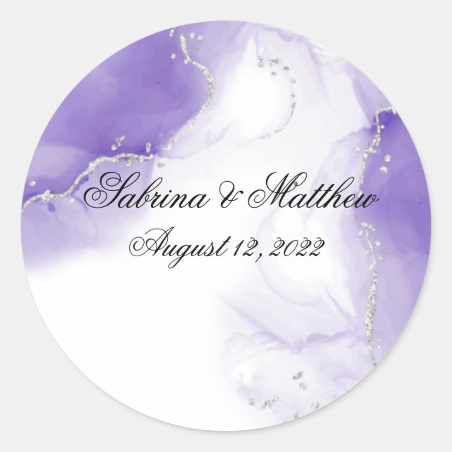 Amethyst Purple Script Silver  Classic Round Sticker (Front)