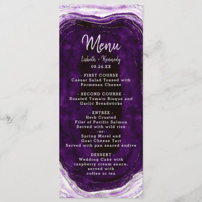 Amethyst Purple & Silver Geode Agate Marble Dinner Menu (Front)