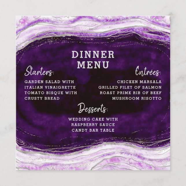 Amethyst Purple & Silver Geode Agate Square Dinner Menu (Front)