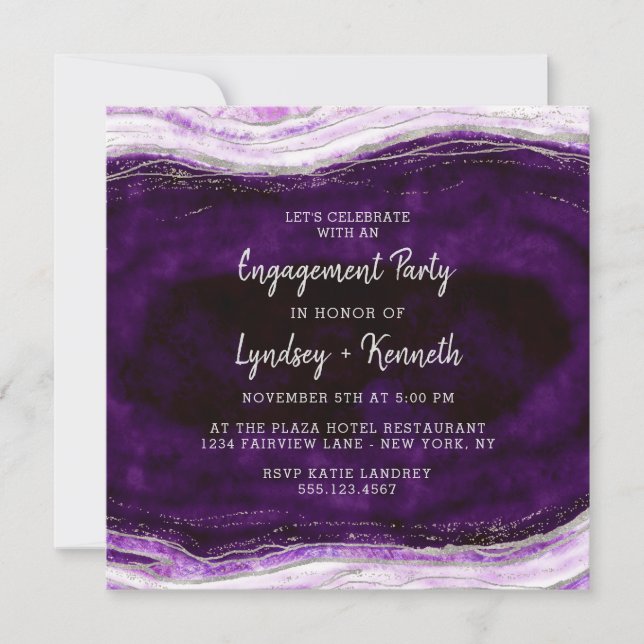 Amethyst Purple & Silver Geode Engagement Party Invitation (Front)