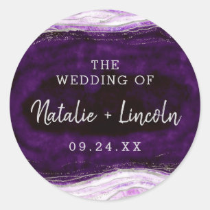 Amethyst Purple & Silver Geode Monogram Wedding Classic Round Sticker
