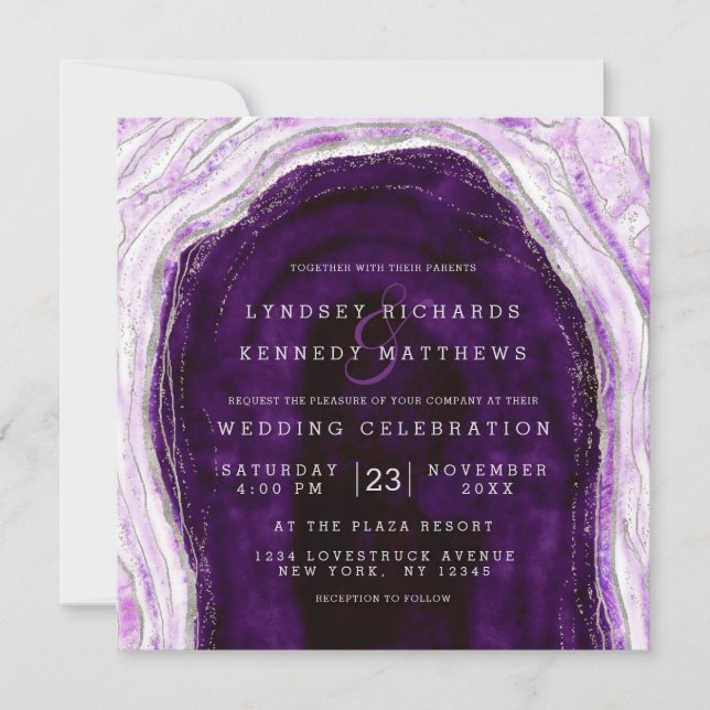 Amethyst Purple Silver Geode Slice Wedding Square Invitation (Front)