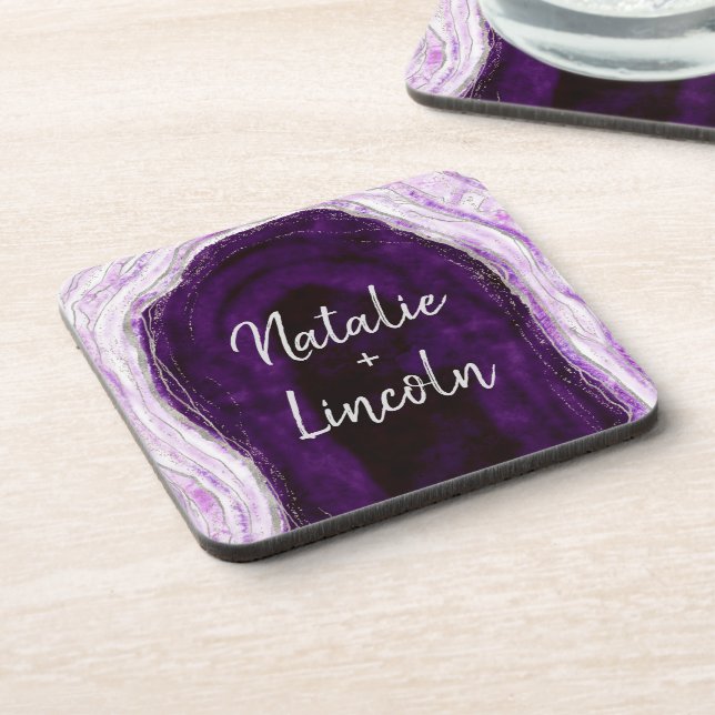 Amethyst Purple & Silver Geode Wedding Monogram Coaster (Left Side)