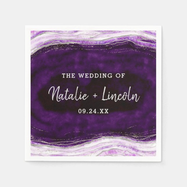 Amethyst Purple & Silver Geode Wedding Monogram Napkin (Front)