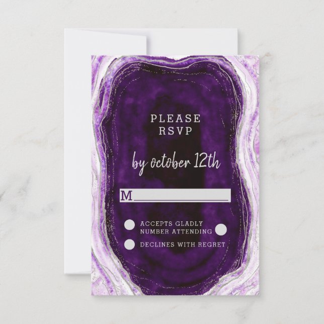 Amethyst Purple & Silver Geode Wedding RSVP Reply Card (Front)