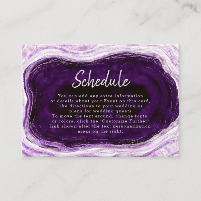 Amethyst Purple & Silver Geode Wedding Schedule Enclosure Card (Front)