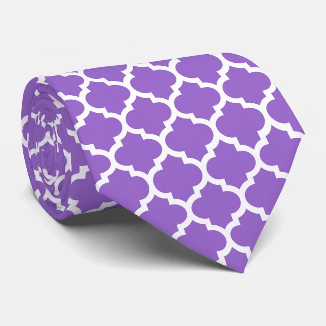 Amethyst Purple Wht Moroccan Quatrefoil Pattern #5 Tie (Rolled)