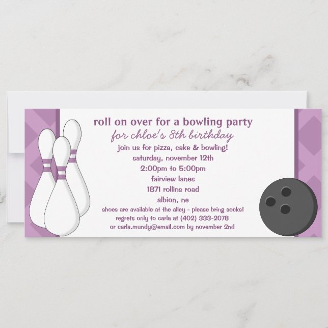 Amethyst Roll on Over Bowling Birthday Party Invitation (Front)