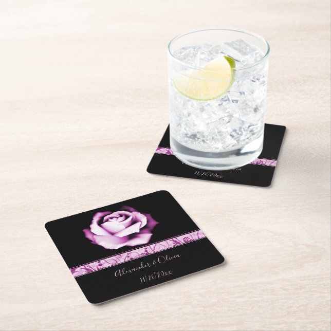 Amethyst Rose Wedding Square Paper Coaster (Insitu)