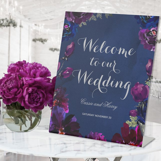 Amethyst Sapphire Navy Jewel Tone Wedding Welcome Pedestal Sign (Creator Uploaded)
