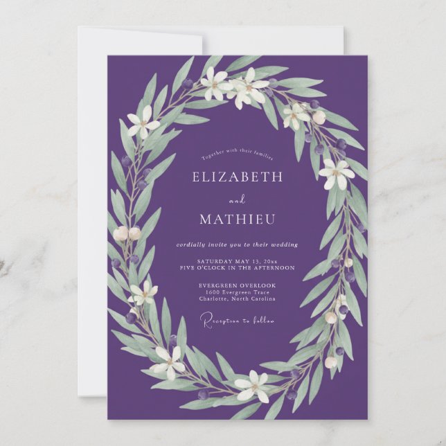 Amethyst Silver Foliage Eucalyptus Wedding Invitation (Front)