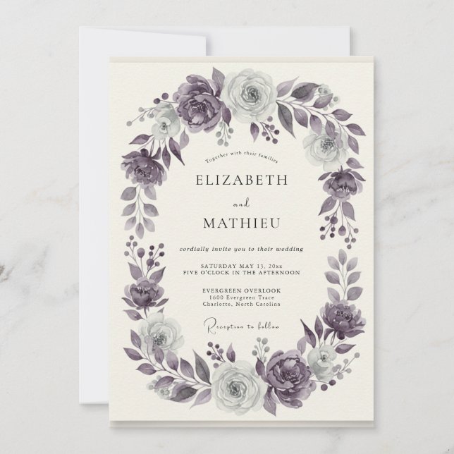 Amethyst Silver Wreath Wedding Invitation (Front)