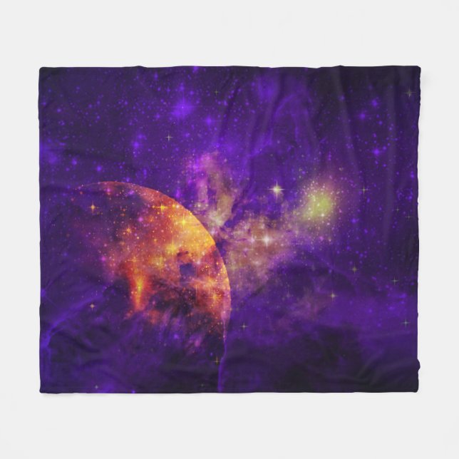 Amethyst Skies, Space and a Golden Moon Fleece Blanket (Front (Horizontal))