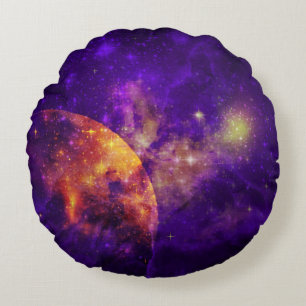 Amethyst Sky, Golden Planet n Nebula Round Pillow