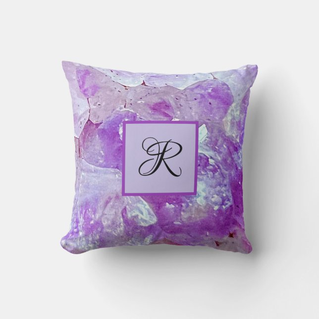 Amethyst Sparkles Purple Quartz Gemstone Monogram Cushion (Front)