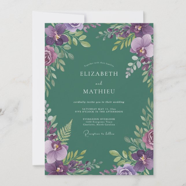 Amethyst Spruce Orchid Wedding Invitation (Front)