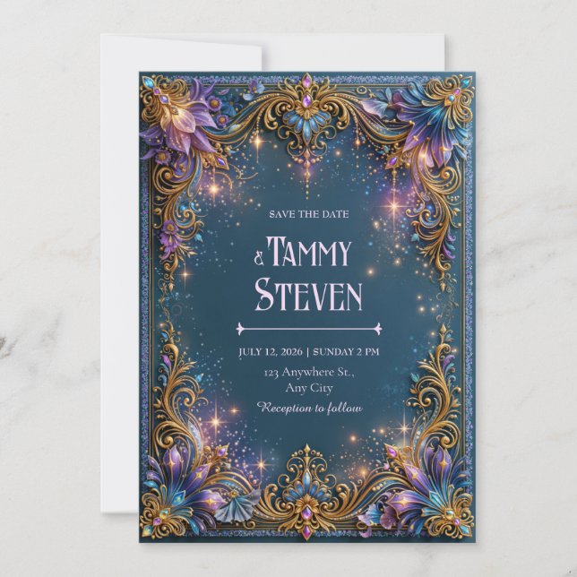 Amethyst Starlight Filigree Wedding Invitation (Front)