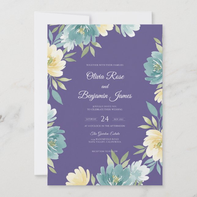 Amethyst Teal Leaf Wedding Invitation (Front)
