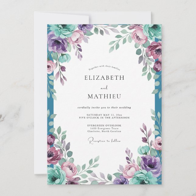 Amethyst Turquoise Bloom Wedding Invitation (Front)