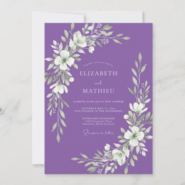 Amethyst Watercolor Leafy Wedding Invitation (Front)