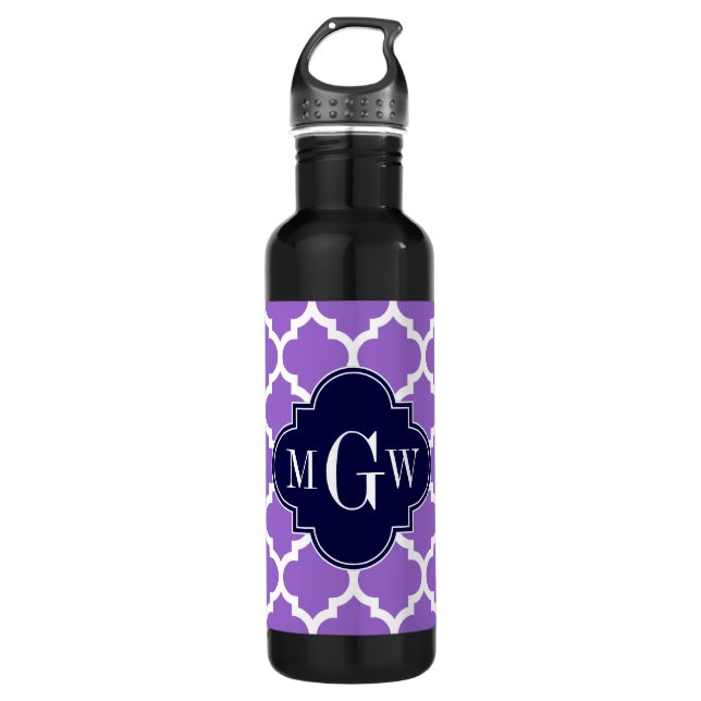 Amethyst White Moroccan #5 Navy 3 Initial Monogram 710 Ml Water Bottle (Front)