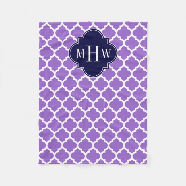 Amethyst White Moroccan #5 Navy 3 Initial Monogram Fleece Blanket (Front)