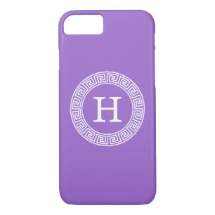 Amethyst Wht Greek Key Rnd Frame Initial Monogram iPhone 8/7 Case