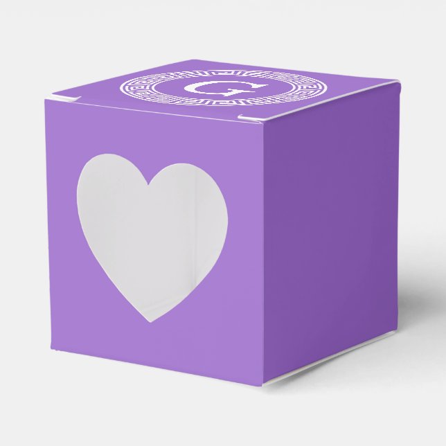 Amethyst Wht Greek Key Rnd Frame Initial Monogram Favour Box (Front Side)