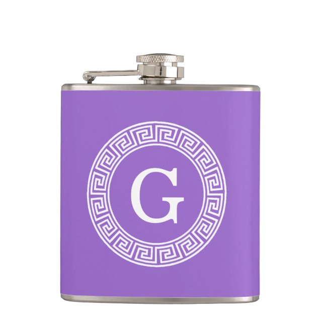 Amethyst Wht Greek Key Rnd Frame Initial Monogram Hip Flask (Front)