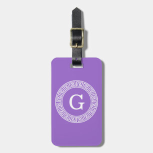 Amethyst Wht Greek Key Rnd Frame Initial Monogram Luggage Tag