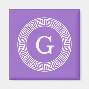 Amethyst Wht Greek Key Rnd Frame Initial Monogram Magnet