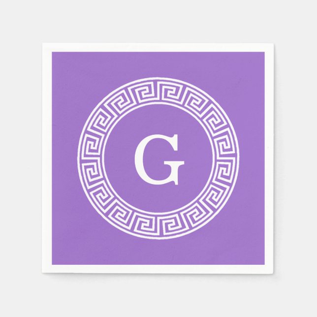 Amethyst Wht Greek Key Rnd Frame Initial Monogram Napkin (Front)
