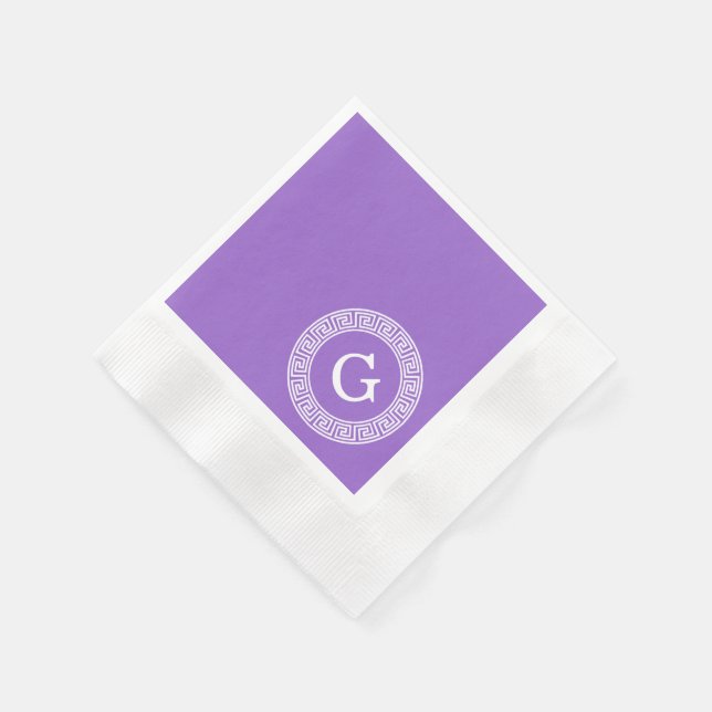 Amethyst Wht Greek Key Rnd Frame Initial Monogram Napkin (Corner)