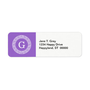 Amethyst Wht Greek Key Rnd Frame Initial Monogram Return Address Label