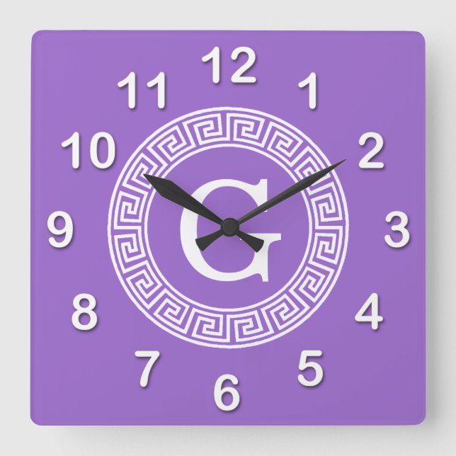 Amethyst Wht Greek Key Rnd Frame Initial Monogram Square Wall Clock (Front)