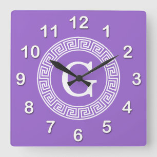 Amethyst Wht Greek Key Rnd Frame Initial Monogram Square Wall Clock