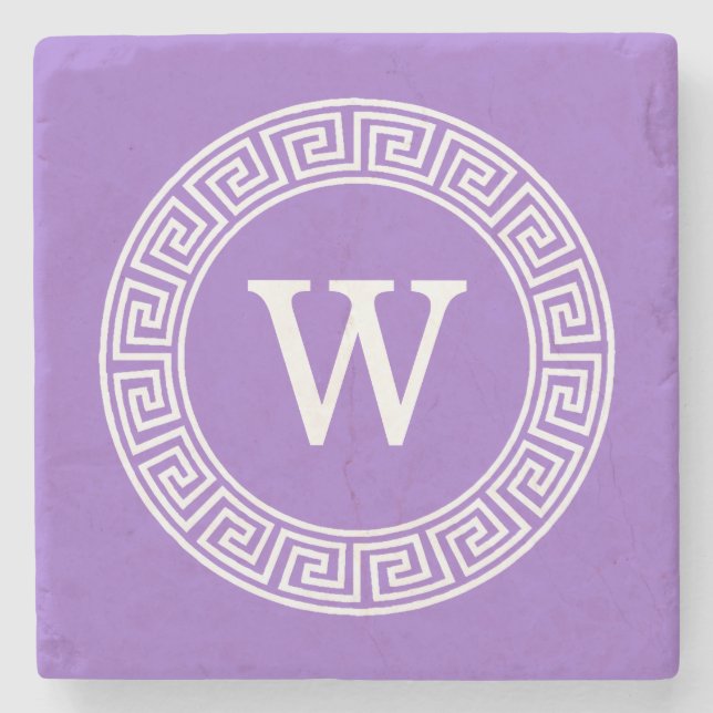 Amethyst Wht Greek Key Rnd Frame Initial Monogram Stone Coaster (Front)