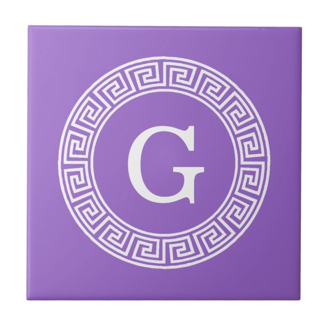 Amethyst Wht Greek Key Rnd Frame Initial Monogram Tile (Front)